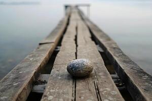 ai generiert ein Stein Ball Sitzung auf ein hölzern Dock foto