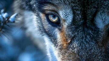 ai generiert ein schließen oben von ein Wolfs Auge mit ein Hintergrund foto