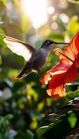 ai generiert ein Kolibri schweben Über ein rot Blume foto