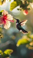 ai generiert ein Kolibri schweben Über ein Rosa Blume foto