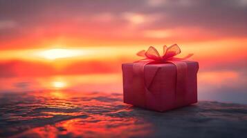 ai generiert ein rot Geschenk Box mit ein Bogen auf ein Strand foto