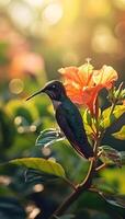 ai generiert ein Kolibri Sitzstangen auf ein Ast mit ein Blume im das Hintergrund foto