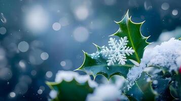 ai generiert ein schließen oben von ein Stechpalme mit Schnee auf es foto