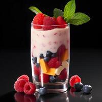 ai generiert köstlich Joghurt mit frisch Beeren im ein Glas auf dunkel Hintergrund foto