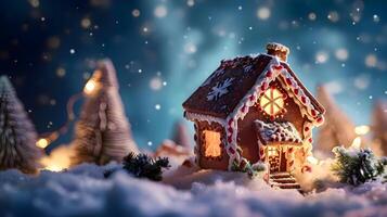 ai generiert ein Weihnachten Szene mit ein Lebkuchen Haus im das Schnee foto