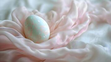 ai generiert ein schließen oben von ein Ei auf ein Rosa und Weiß Decke foto
