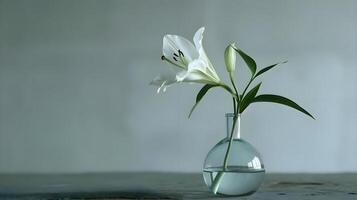 ai generiert ein Weiß Blume im ein Glas Vase auf ein Tabelle foto