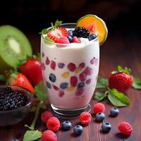 ai generiert köstlich Joghurt mit frisch Beeren im ein Glas foto