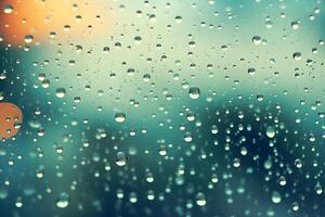 ai generiert Regen Tropfen auf Fenster Glas mit Bokeh Hintergrund foto