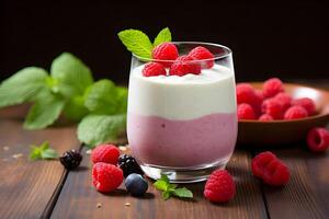 ai generiert köstlich Joghurt mit frisch Beeren im ein Glas foto