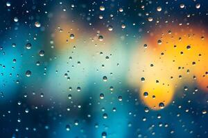ai generiert Regen Tropfen auf Fenster Glas mit Bokeh Hintergrund foto