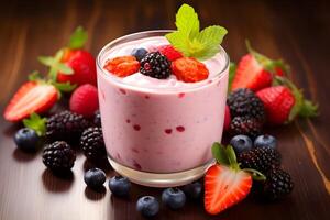 ai generiert Obst Joghurt Smoothie mit frisch Beeren im ein Glas foto