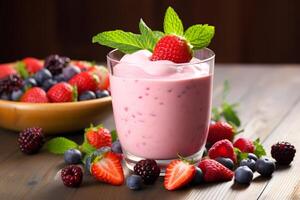 ai generiert Obst Joghurt Smoothie mit frisch Beeren im ein Glas foto