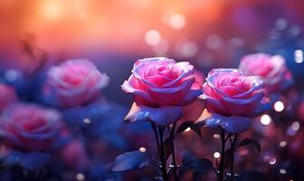 ai generiert schön Rosa Rosen mit Bokeh bewirken auf dunkel Blau Hintergrund foto