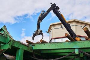 hydraulisch Manipulator Kontrollen das Position von das Protokolle auf das Futter Förderer im ein modern Sägewerk foto