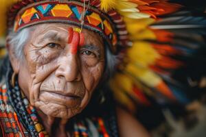 ai generiert Porträt von ein Alten Mann im traditionell einheimisch amerikanisch Kleidung foto