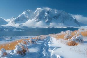 ai generiert Arktis Landschaft mit Berg und See foto