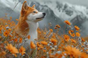 ai generiert Shiba inu Hund überlegt zuerst Schnee auf Herbst alpin Wiese foto