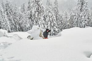 Frau ist beschäftigt, verlobt im Trekking im das Winter Berge foto