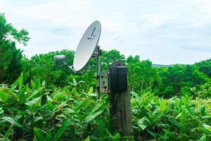 Öffentlichkeit Satellit Telefon zum Notfall Kommunikation unter Bambus Dickicht im das Wildnis im das Reservieren foto