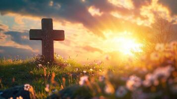 ai generiert gut Freitag Konzept leeren Grab Stein mit Kreuz auf Wiese Sonnenaufgang Hintergrund foto