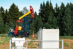 Öl Pumpen Bahnhof und Pumpenheber im ein Clearing im das Wald foto