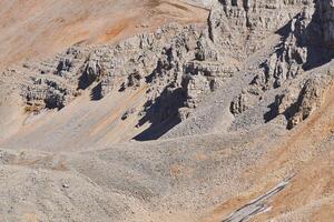 Aussicht von ein felsig hochgebirgig Wüste mit verwittert Felsen, Talus und Gletscher foto