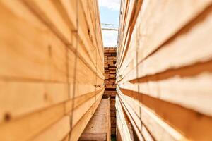 Aussicht von ein Holz Hof zwischen Stapel von Bretter foto