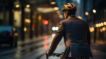 Rückseite Aussicht von ein Geschäftsmann Reiten ein Fahrrad im das Stadt beim Nacht foto