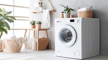 ai generiert modern Waschen Maschine im Wäsche Zimmer Innere. Wäsche Tag Konzept foto