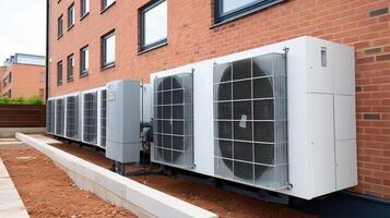 ai generiert Luft Conditioner auf das Dach von ein Neu Haus. Installation von Luft Klimaanlage. foto