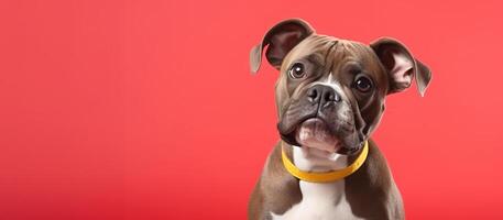 ai generiert Porträt von ein süß amerikanisch schikanieren Hund auf ein rot Hintergrund foto