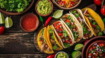 ai generiert bunt Mexikaner Taco Verbreitung mit frisch Zutaten foto