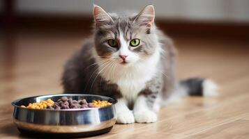 ai generiert süß Katze Essen trocken Essen von Schüssel. selektiv Fokus. foto