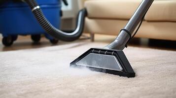 ai generiert Vakuum Reiniger Reinigung Teppich im Leben Zimmer, Nahansicht Aussicht foto