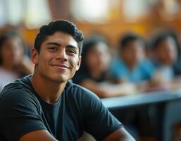 ai generiert akademisch Freude Latino Studenten Klassenzimmer Lächeln foto