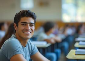 ai generiert akademisch Freude Latino Studenten Klassenzimmer Lächeln foto