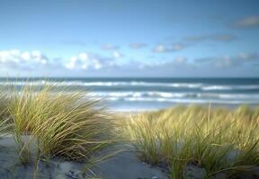 ai generiert anmutig Seegras durch das Ufer mit Ozean Wellen foto