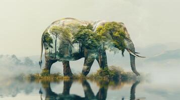 ai generiert surreal Elefant mit Wald Overlay im neblig Landschaft foto