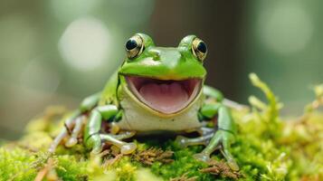 ai generiert gleiten Frosch aussehen mögen Lachen auf Moos, fliegend Frosch Lachen, foto