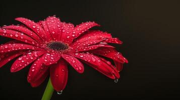 ai generiert gerber Gänseblümchen Makro mit Tröpfchen, dunkel Hintergrund, Kopieren Raum foto