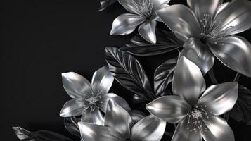 ai generiert schön Silber Blumen mit schwarz Blätter isoliert auf ein dunkel schwarz Hintergrund. foto