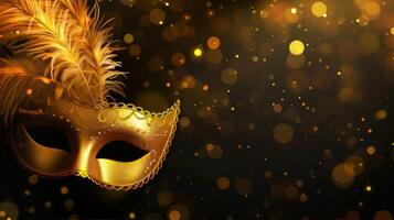 ai generiert golden Karneval Maske mit Feder auf Beleuchtung Hintergrund foto