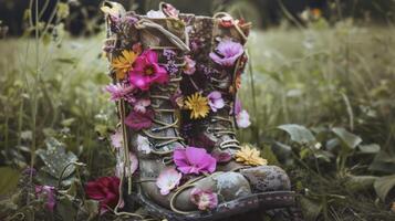 ai generiert Stiefel abgelegt mit Blumen foto