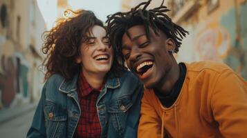 ai generiert multikulturell Paar auf Original- Lachen - - Leben Stil Konzept mit glücklich gemischtrassig freunde haben Spaß zusammen aus Seite - - modisch Hochschule Studenten genießen brechen Zeit beim Campus foto
