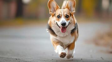 ai generiert süß Walisisch Corgi Pembroke Laufen auf das Straße foto