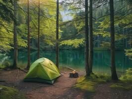 ai generiert Camping Grün Zelt im Wald in der Nähe von See foto