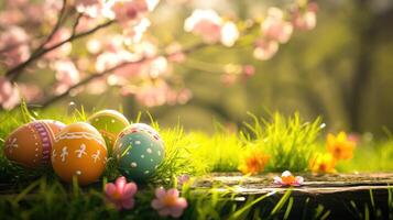 ai generiert oben Aussicht gemalt Ostern Eier im das Gras feiern ein glücklich Ostern im Frühling mit ein Grün Gras Wiese, Kirsche blühen und auf rustikal hölzern Bank zu Anzeige foto