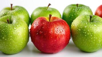 ai generiert rot Apfel unter Grün Äpfel isoliert auf ein Weiß foto