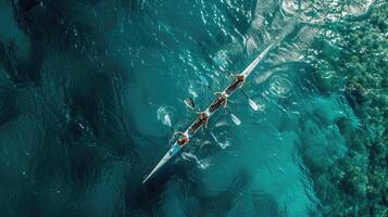 ai generiert Antenne Drohne oben Ultra breit Panorama- Aussicht von Sport Kanu Rudern synchron Mannschaft von Sportler im Wettbewerb im tief Blau Meer foto